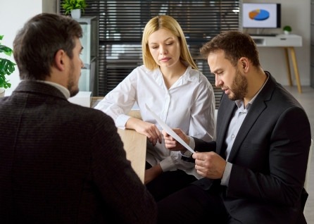 Three people in business attire sit at a desk in an office, reviewing documents together—possibly consulting with a Houston family law attorney. A computer and a chart are visible in the background.