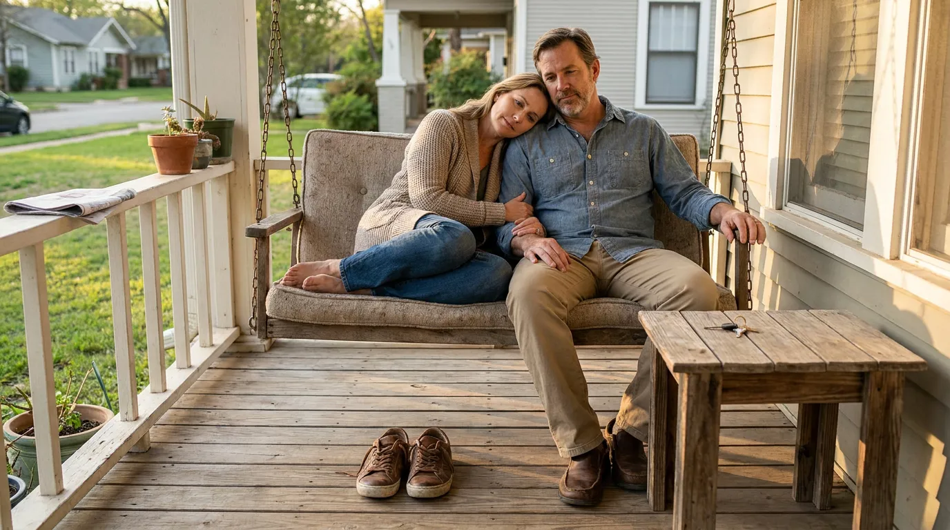 couple sitting together on porch swing outside residential home looking somber