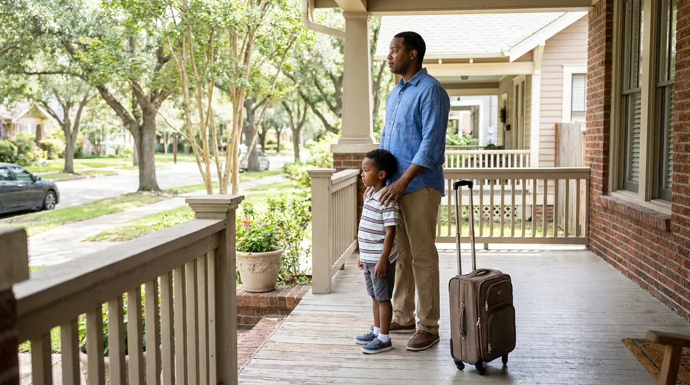 father and young child standing on home porch with rolling suitcase nearby