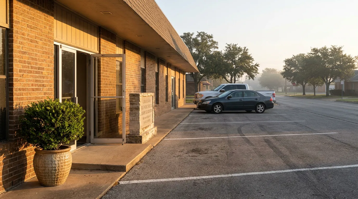 brick law office exterior with glass entrance door, signage, and parking lot