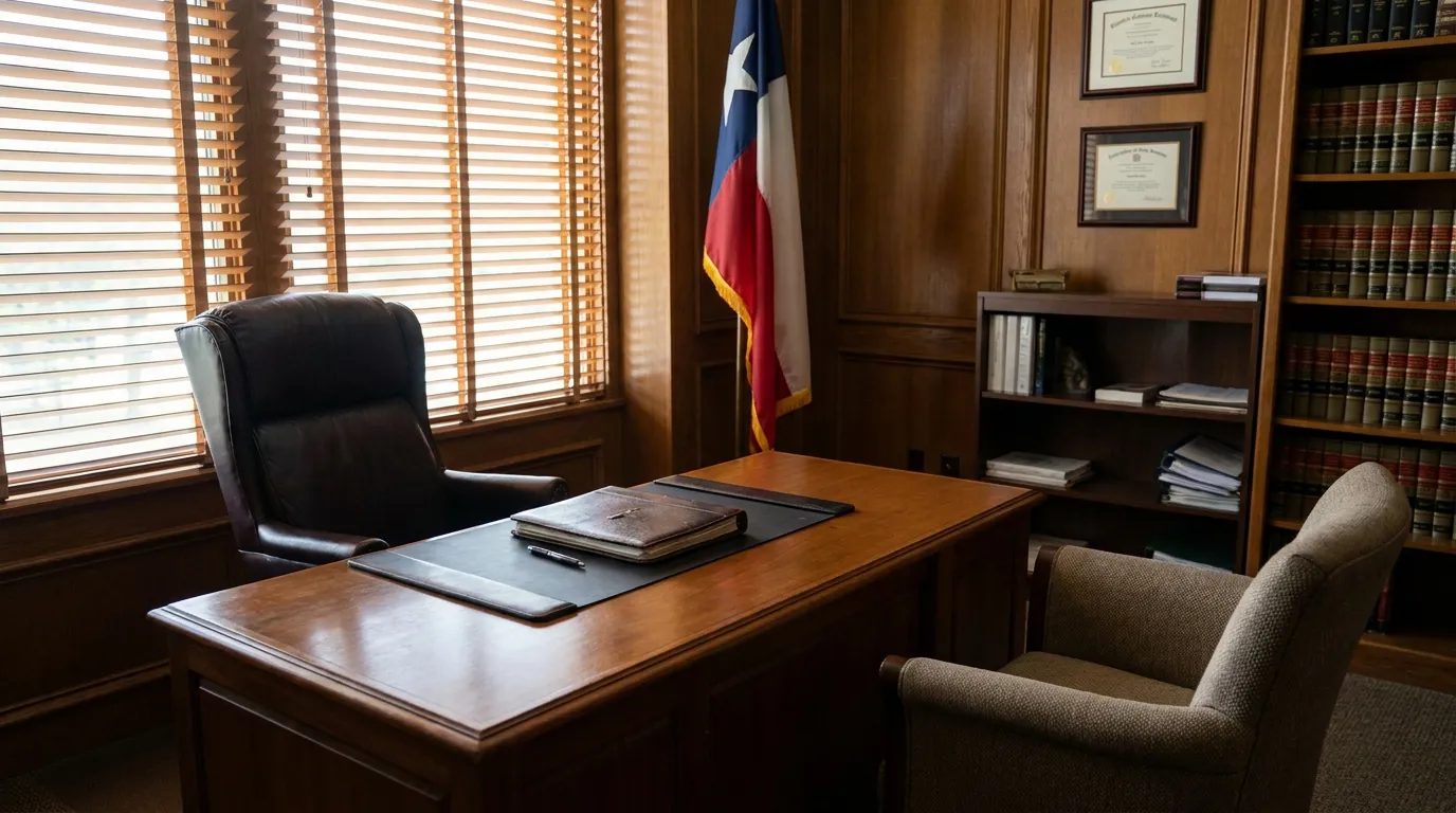 Texas attorney office with desk, leather chair, flag, diplomas, and law books