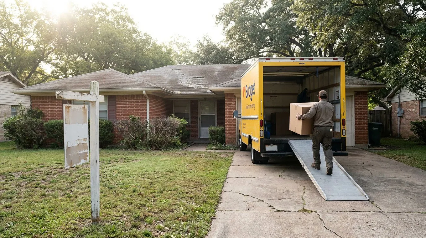 mover carrying large box up Budget truck ramp outside residential home with yard sign